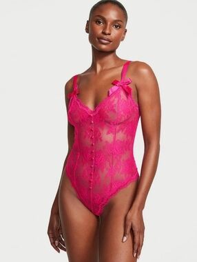 Victoria's Secret Hot Pink Lace Bow-Accent Teddy Bodysuit